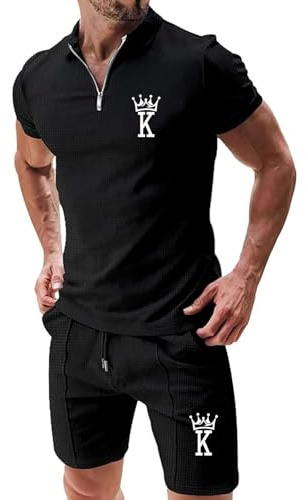 Generico Tuta Uomo Estiva Completo 2 Pezzi Polo a Manica Corta con Zip e Pantaloncini Casual Set Sportivo Texture a Nido d'Ape Abbigliamento Mare e Tempo Libero Traspirante