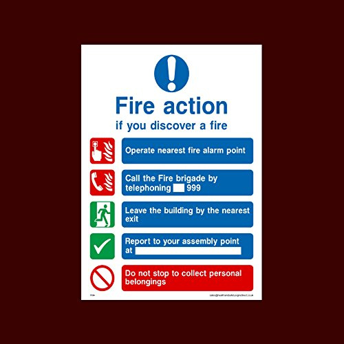 Fire Action Discovering a fire Plastic Sign - Fire, Assembly Point, Break Glass, Lift, Alarm, Extinguisher - (FA14)
