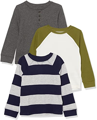 Amazon Essentials T-shirt thermique en maille à manches longues Garçon, Lot de 3, Blanc/Gris Foncé/Gris Motif Rayures Rugby, 11-12 ans