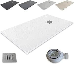 Outletaseo - Plato de Ducha de Resina Atlantic - Antideslizante Textura Pizarra - Todas Las Medidas Disponibles -Todos los Colores - Incluye Válvula desagüe+Rejilla (70x80, Blanco Ral 9003)