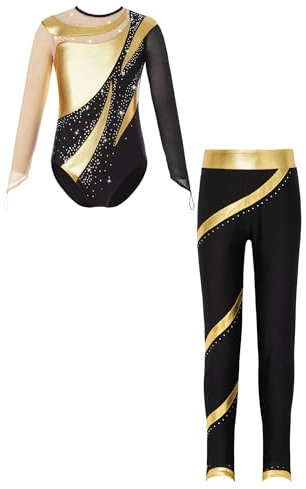 JanJean Kinder Mädchen Gymnastikanzug Langarm Turnanzug Ballettanzug mit Leggings Sport Hose Strass Tanzbody Gllitzer Turnbody Trainingsanzug Xb Gold 146-152