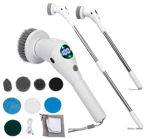 Elektrische Reinigungsbürste, elektrischer Schleuderschrubber mit 8 austauschbaren Bürstenköpfen, Dusche Reinigungsbürste mit verstellbarem Verlängerungsgriff für Badezimmer Fliesen Küche Auto Boden
