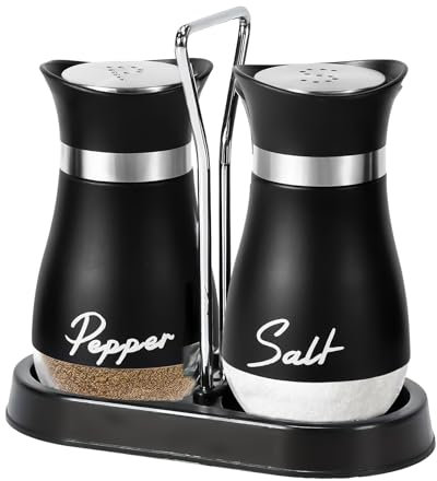 WIYETY Cucina Saliera e pepe - 2 pezzi barattoli di spezie in acciaio inox evidrio pepiera contenitore per sale con coperchio e fori, pratico saliera da cucina con supporto, 100 ml