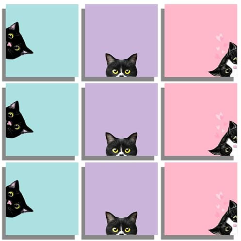 9 Blöcke schwarze Katze Haftnotizen Set, rosa selbstklebende Notizblöcke, niedliche Notizblöcke, super selbstklebende Notizkarte für Katzenliebhaber, Geschenk, Lehrer, Büro und Schulbedarf, 7,6 x 7,6