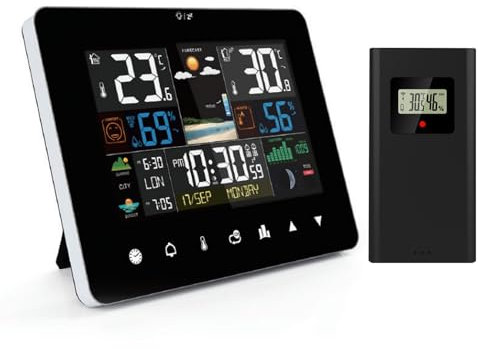Wetterstation Funk mit Außensensor,ADE Digitale Wetterstation, mit Farbdisplay,12 Modi,DCF Empfangssignal Funkuhr,animierte Wettervorhersage,Mit Fernbedienung,Geeignet für Wohnzimmer und Schlafzimmer