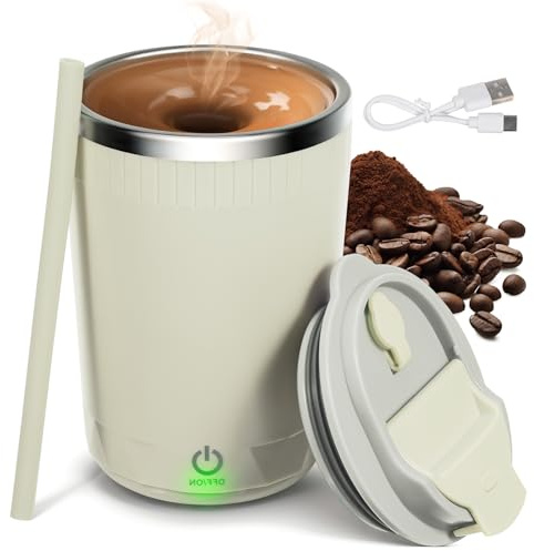 Self Stirring Coffee Mug: 13oz Magnetic Self Stirring Cup with Lid - Rechargeable Stainless Steel Electric Mixing Mug with Silicone Straw for Milk/Cocoa/Office/Kitchen/Travel Perfect Gifts (White)