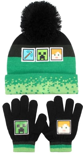Minecraft Winter Hat & Gloves Set for Boys – Warm & Cosy Beanie Hat & Gloves – Perfect for Kids Ages 6-12