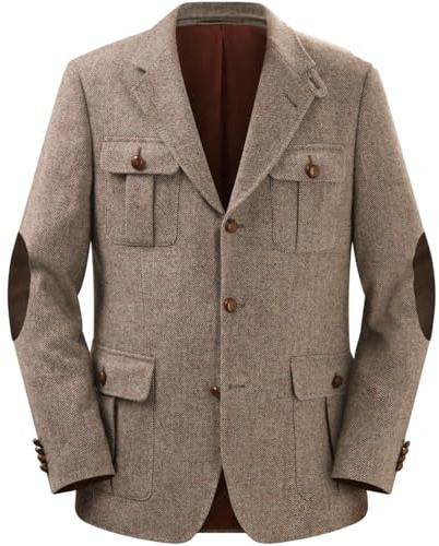 RAJEGAR Cappotto in tweed da uomo a spina di pesce, stretto, monopetto, misto lana, blazer, giacche, casual, caldo, cappotto vintage, kaki, L