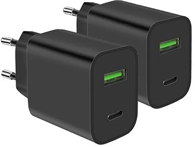 2 Pack USB C Plug Fast Charger, 20W 2-Port USB C Fast Charging Adapter per iPhone 17 16 15 14 13 12 11 Pro Max SE XS XR 8 Plus SE, iPad (Nero)