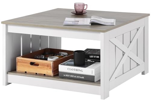 VEVOR Tavolino da Caffè, Stile Rustico 800 mm Tavolino Quadrato con Vano Aperto, Capacità di 81,7 kg Tavolo da Cocktail Rustico in Legno per Soggiorno, Camera da Letto, Appartamento, Grigio e Bianco