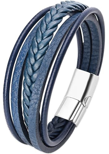 JUZICHEN Pulseras Hombre Cuero, Pulseras De Cuero Hombre, Brazalete Hombre Pulsera Homem, Pulsera Cuero Hombre Azul Marrón Negro, Pulsera Hombre Acero Inoxidable (A)