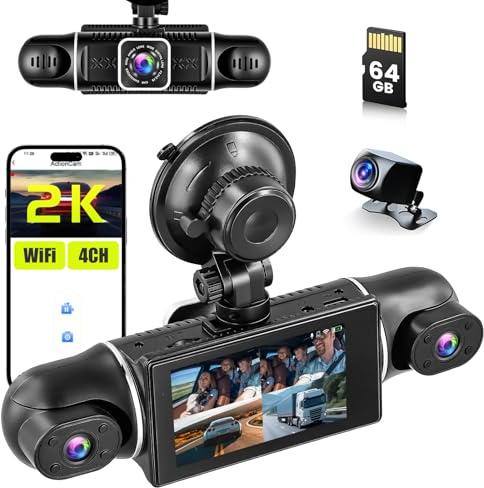 Inefala bilkamera med 4 kanals kamera med 3 tums IPS 2K 1080P*3 | Bilkamera med 360° fram bak inuti 2K 1080P*3, G-sensor, 64 GB kort, WiFi och app, loopinspelning, mörkerseende