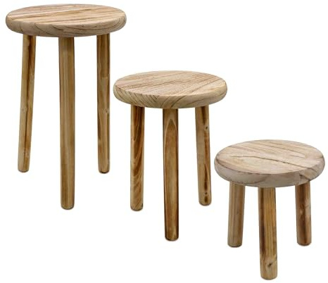 Lot de 3 tabourets de fleurs en bois avec 3 pieds flammés - 20/23/25 cm - Tabouret décoratif rond - Petit tabouret décoratif au look usé - Maison de campagne - Support pour plantes d'intérieur