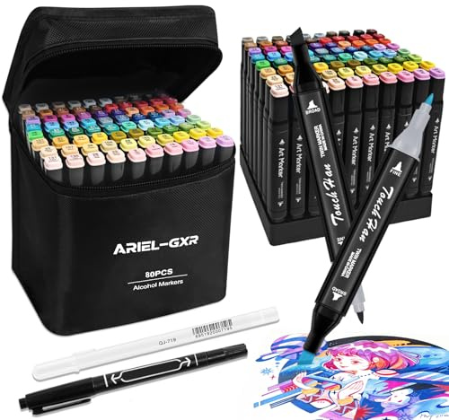 80 Colored Alcohol Markers, Colouring Pens for Adult, Dual Tip Marker Pens, Felt Tip Pens, Permanent Marker Set with Carrying Case & Storage Base, Art Markers for Drawing, Sketching, Anime, Manga