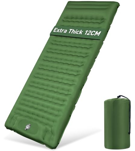 Matelas de camping auto-gonflant - 12 cm - Matelas gonflable épais - Auto-gonflant - Avec pompe à pied - Empêche la perte d'air - Matelas gonflable ultra léger - Imperméable - Pour l'extérieur - Vert