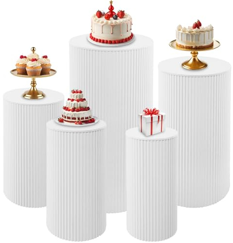 Fivenl 5 Pcs Metal Pleated Cylinder Pedestal Stands for Party, Heavy Duty White Round Cake Pedestal Stand Flower Plant Display Plinth Pillars for Wedding Birthday Event Decor