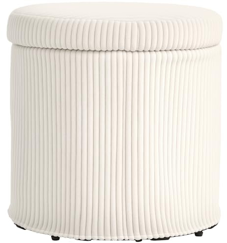 HOMCOM Puff Almacenaje Baúl de Almacenaje Redondo Tapizado en Pana Asiento Acolchado Tapa Extraíble para Pasillo Dormitorio Salón Ø40x41 cm Beige