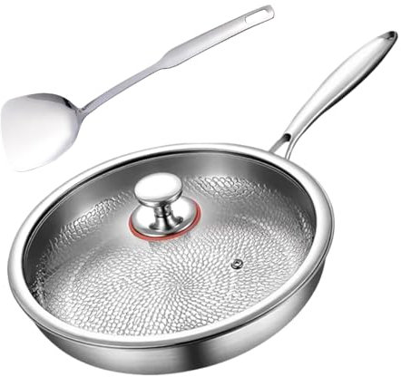 Generico Padella Martellata in Titanio Pro, Padella Antiaderente Con Coperchio, Padelle Titanio Puro, Non Rivestite, Padelle Martellate in a Squame Di Pesce, Fondo, Con Pala, 30cm