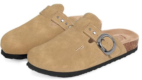 PERLETTI Sabot Donna Comode Leggere Effetto Scamosciato - Ciabatte Invernali Estive Casa Suola Antiscivolo Chiuse con Fibbia - Pantofole da Donna Sandali Comfort Borchie Ragazza (Sabbia, EU 38)