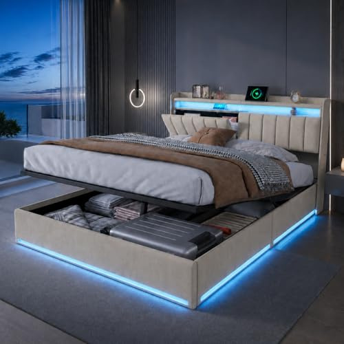 BSMGSGN Letto Matrimoniale 160x200 cm con Contenitore e Sollevamento a Gas, Letto Imbottito in Velluto Beige con LED Regolabile, Porta USB Integrata e Testiera Portaoggetti, Senza Materasso