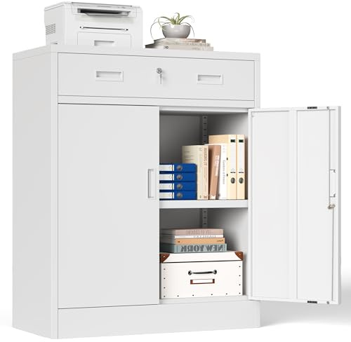 Metal Storage Cabinet, 90cm Locking Storage Cabinet with Doors, Steel Storage Cabinet with 1 Drawer and Adjustable Shelf for Garage, Home, Office, Utility Room, Assembly Required(White, 90 * 70 * 40)