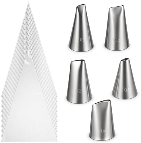 Set di 5 beccucci per tubazioni a forma di petalo, per glassa, rose, torte, pasticceria, con 10 sacchetti per decorare torte, decorazioni floreali, fiocchi, piccole rose