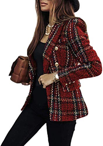 Onsoyours Femme Blazer à Carreaux Élégant Manches Longues Slim Fit OL Bureau Affaires Veste De Costume Devant Ouvert Manteau Cardigan Blouson Jacket A Rouge XL