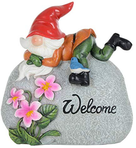 Garden Gnome Welcome Pebble Ornament Novelty Resin Decoration Outdoor - Red Hat