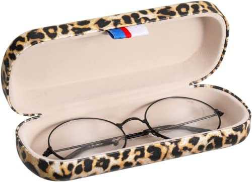 MoKo Hardcase Brillenetui, PU Leder Brillenetui Kratzfeste Tragbare Brillenbox mit Reinigungstuch Hartschalen Etui Brillenorganizer Brillenaufbewahrung für Sonnenbrille Lesebrille - Leopardmuster
