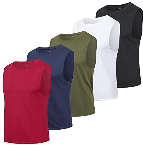 HUAKANG Paquete de 5 Camiseta Tirantes para Hombre Secado rápido Gimnasio Ropa Deportiva Camiseta sin Mangas para Entrenamiento Running(511-Black White Green Navy Red-2XL)