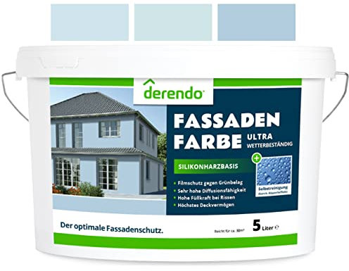 derendo Silikonharz Fassadenfarbe Blau ULTRA Wetterschutz Taubenblau 5 l aussen Fassade Silikonharzfarbe mit Abperleffekt Lotus Blatt Fassadenschutz Schmutzabweisende Silikonharzbeschichtung
