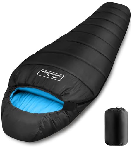 KAMPKEEPER Mummy Sleeping Bag, Cold Weather Camping Sleeping Bag, 32℉ 3-4 Seasons Adults Sleeping Bag, Non-Snag Zipper with Adjustable Hood for Backpacking, Hiking