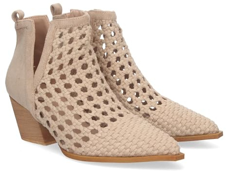 shoes&blues.es 80828-Botin Elegante de Mujer con Tacon, Diseno Calado con Tiras Trenzadas, de Punta Fina, y Abierto por los Dos Laterales para mas Comodidad.. Talla 37 Beige