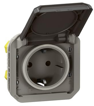 LEGRAND, Plexo New Einsatz, Feuchtraum-Steckdose, Schuko-Standard, inkl. Klappdeckel, Berührungsschutz, Schraubklemmen, 16A, 250 Volt, IP44 - IK08 (IP55 bei geschlossenem Deckel), Anthrazit, 069571L