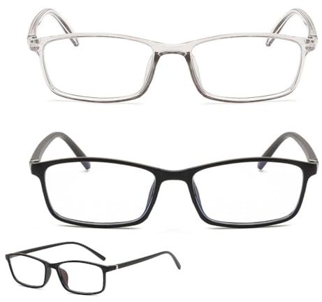 Bmeigo 2 Pack Blue Light Blocking Glasses for Women Men, Gaming Glasses Anti Eyestrain UV Glare Eyeglasses Small Frame Reading Glasses for Computer, Cell Phone, TV (Black, Clear Grey)