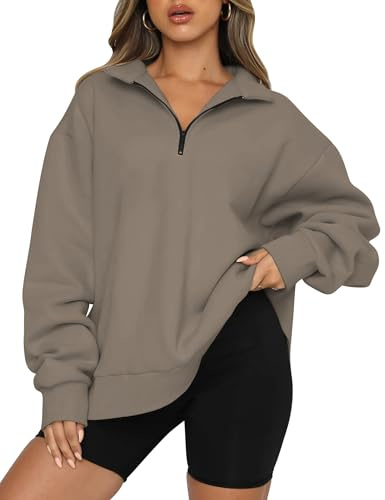 Famulily Women's Relax Fit Pullover Sweatshirt Solid Color Zip Up Fleece Sweaters Jackets Coffee XL