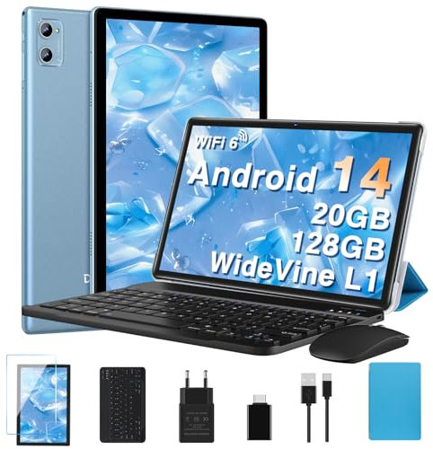 Tablette 10 Pouces Android 14 Tablettes avec 20Go RAM+128Go ROM(TF Extensible 2To), WiFi 6, 5G+2.4G WiFi, Octa-Core, Widevine L1, Bluetooth5.0, GMS Tablette Tactile avec Clavier+Souris et Cas-Bleu
