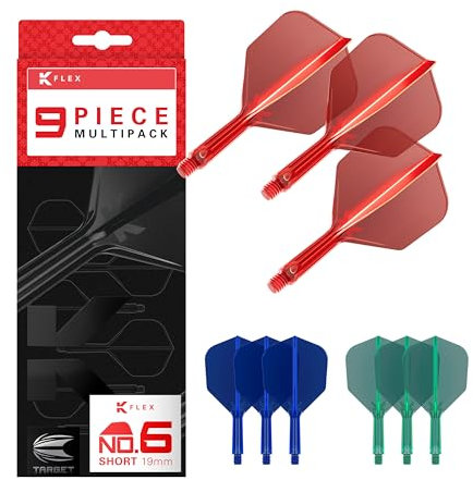 Target Darts K-Flex Integrated Dart Flights and Shafts, Kurzer Stiel (19 mm), Nr. 6-Flug, 9er-Pack, Rot, Blau & Grün