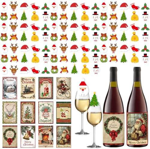 TYXHXTF 112PCS Etichette Natalizie per Bottiglie di Vino, Etichette Personalizzate, Decorazione per Bicchiere di Vino, Etichette Adesive per Natale Casa Cena Festa Decorazione Tavolo