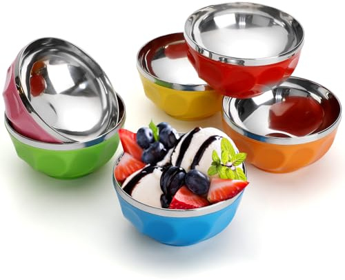 Reallnaive 6 Pack Stainless Steel Bowl Insulated Double Wall Ice Cream Bowls Reusable Cereal Soup Cups Dessert Salad Rice Fruit Candy Container for Festive Birthday Party Favor Gift(10 oz)