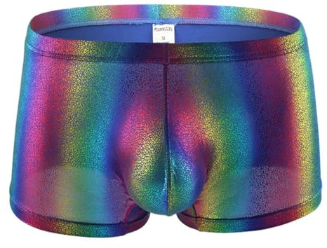 Shiny Boxer Shorts for Men, Elastic Liquid Metallic Hot Pants for Stage Performance, Sparkly Low Waist Trunks Shorts for Dancewear, Sexy Rainbow Hot Short Pants Underpants Trunks Nightclub Rave Party