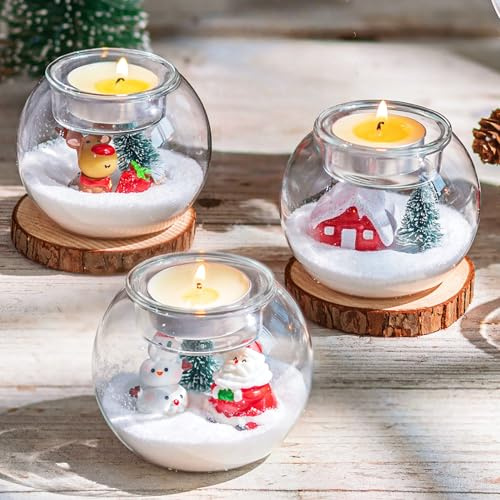 Glasseam DIY Christmas Candle Holder: Set of 3 Tea Light Candle Holders Glass Decorative Cute Christmas Tea Light Holders Figurines Snow Globe Ornament for Table Centrepieces Decoration Gift