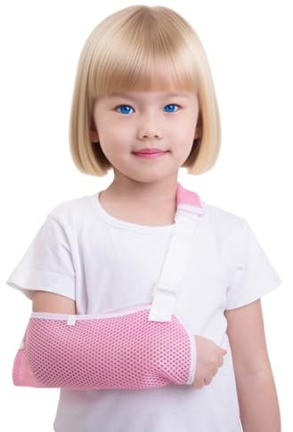 Écharpe de bras pour enfants, avec tissu en maille 3D, respirant, réglable, soulage la douleur en cas de blessures au bras, coude, poignet, gauche (rose)