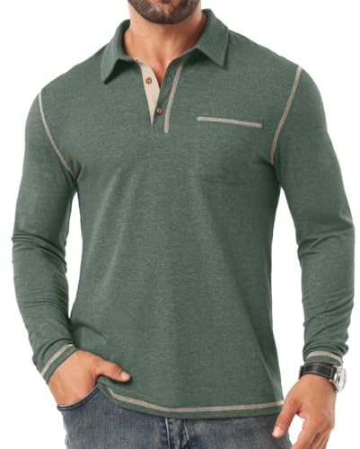 PrinStory Mens Long Sleeve Polo Shirts Cotton Polo Shirts Golf Tennis Tops Casual Grandad Tee Tops with Chest Pocket (Green, XL)