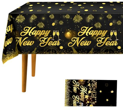 2 Stück, Silvester Deko, 137 x 274 cm, Party Tischdecke Schwarz Gold, Papiertischdecke Schwarz für Neujahrsparty