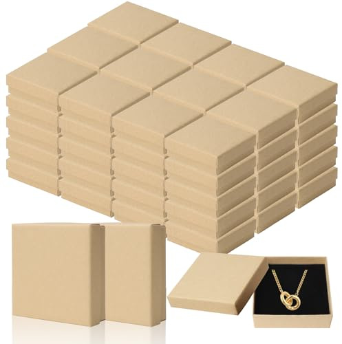60 Pack Brown Jewellery Gift Boxes with Lid, Cardboard, 9 x 9 x 3 cm | Black Sponge Inserts with Pre-Cut Slots for Necklaces, Bracelets, Rings and Earrings, Ideal for Retail and Gift Packaging