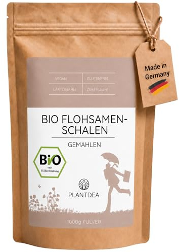 PlantDEA, Cáscaras de semillas de psyllium orgánicas en polvo (1000 g), trituradas gruesas, ricas en fibra, vegano, probado en laboratorio