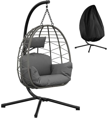 Silla Colgante Tipo Huevo De Ratán con Base - Acolchado Impermeable, Reposacabezas Ajustable y Estructura De Acero Resistente - Soporta 150kg, Ideal para Jardín, Patio, Balcón e Interior