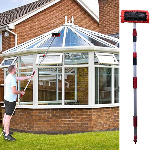 3 Metre Telescopic Extending Water Fed Window Cleaning Pole Brush | Upstairs Windows | Conservatory Cleaner | Car | Roof | Lightweight Aluminium | 3 in 1 Squeegee Wash Brush with Two Heads