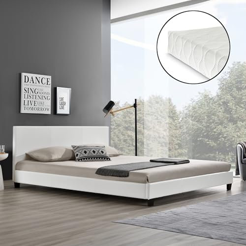 Corium Polsterbett mit Matratze - 180 x 200 cm - Weiß Kunstleder - mit Lattenrost